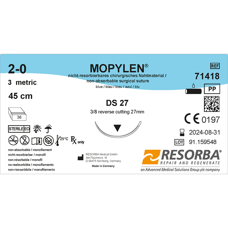 Мопілен USP3-0 синій, довжина 75см, зворотньо-ріжуча голка 30мм, 3/8 кола